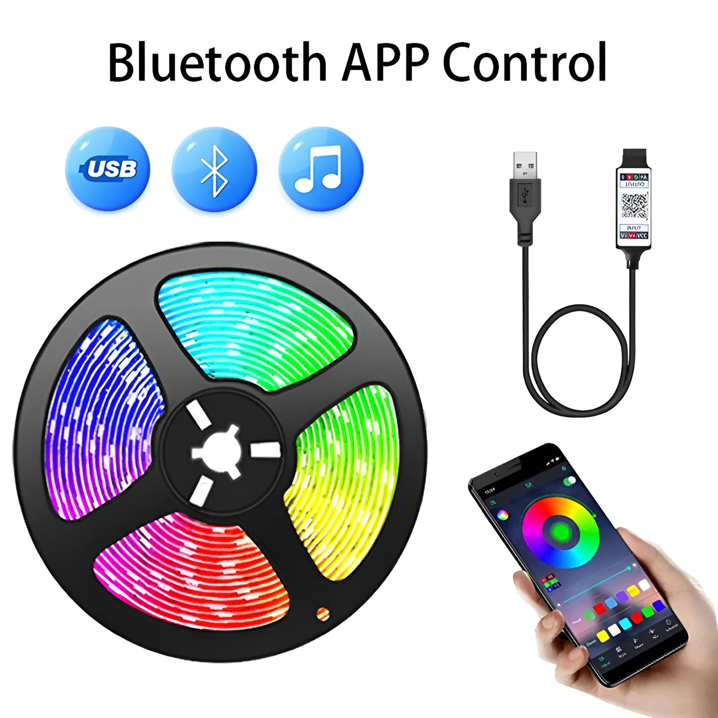 Smart Wireless LED Strip Light - USB Powered, Bluetooth Control