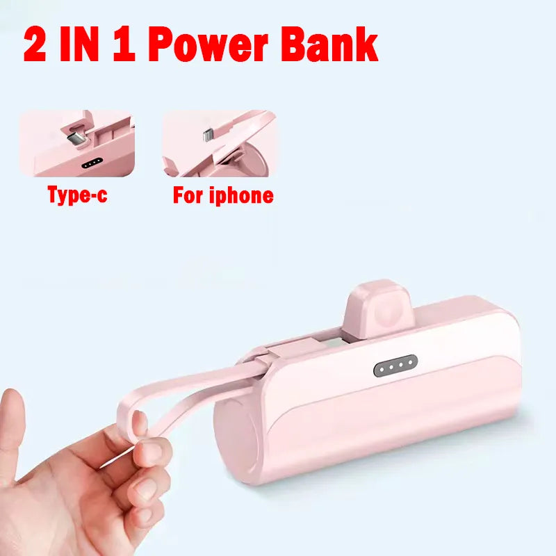 2-in-1 Portable Pink Power Bank: 10000mAh and 5000mAh, Type-C Fast Charger and Lightning Usb Port