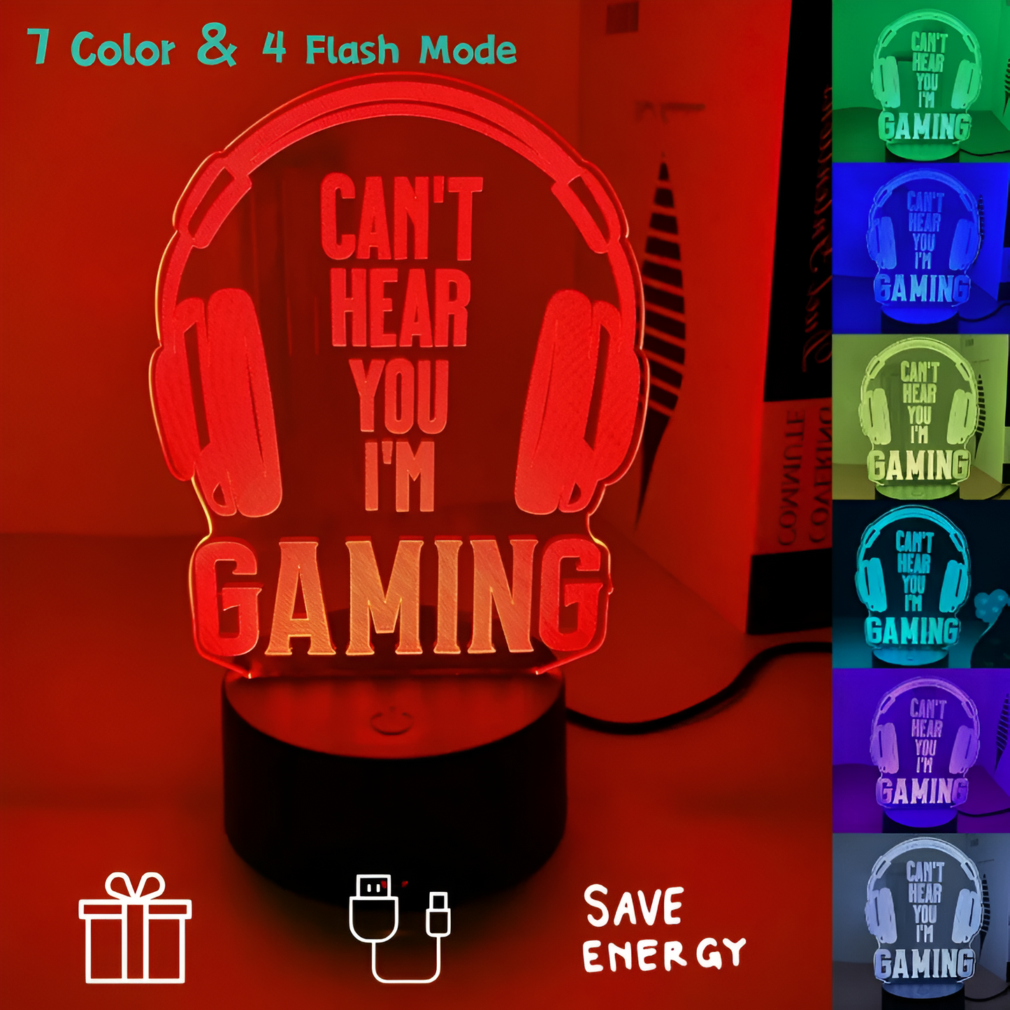 USB Touch 7-Color 3D Night Can't Hear You I'M Gaming Light