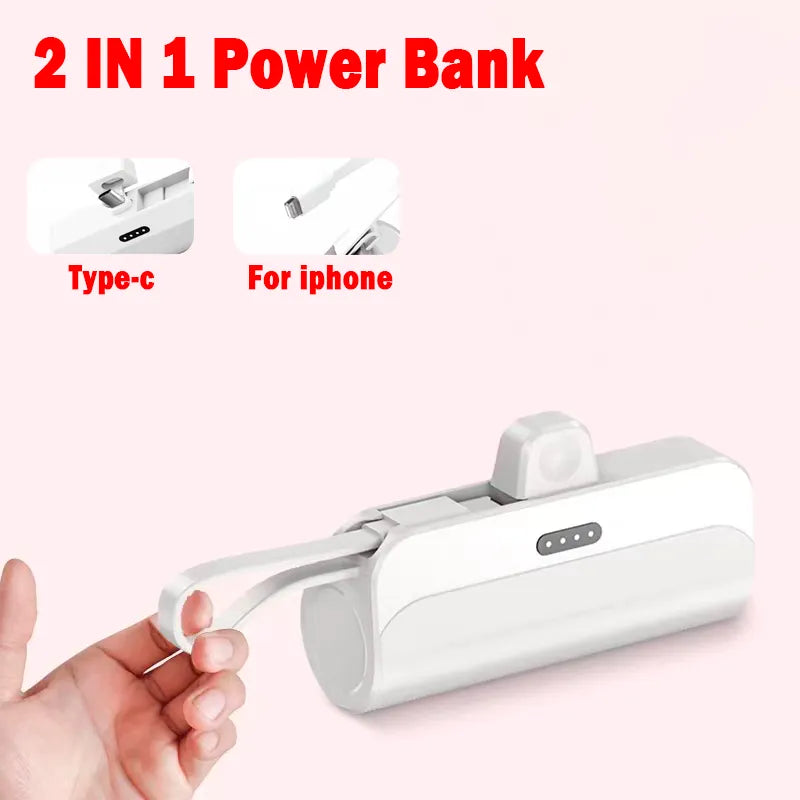 2-in-1 Portable White Power Bank: 10000mAh and 5000mAh, Type-C Fast Charger and Lightning Usb Port