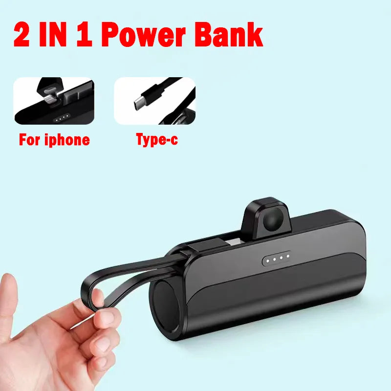 2-in-1 Portable Black Power Bank: 10000mAh and 5000mAh, Type-C Fast Charger and Lightning Usb Port