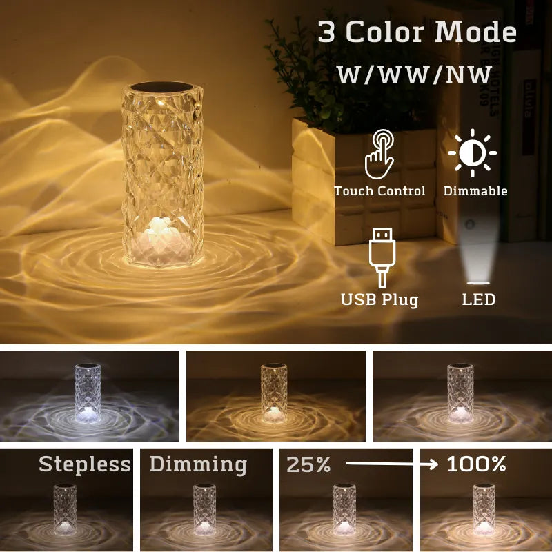 Crystal Diamond Rose Lamp Night Light - 16 Colors Touch/Remote