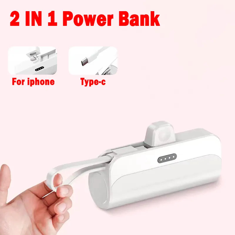 2-in-1 Portable White Power Bank: 10000mAh and 5000mAh, Type-C Fast Charger and Lightning Usb Port