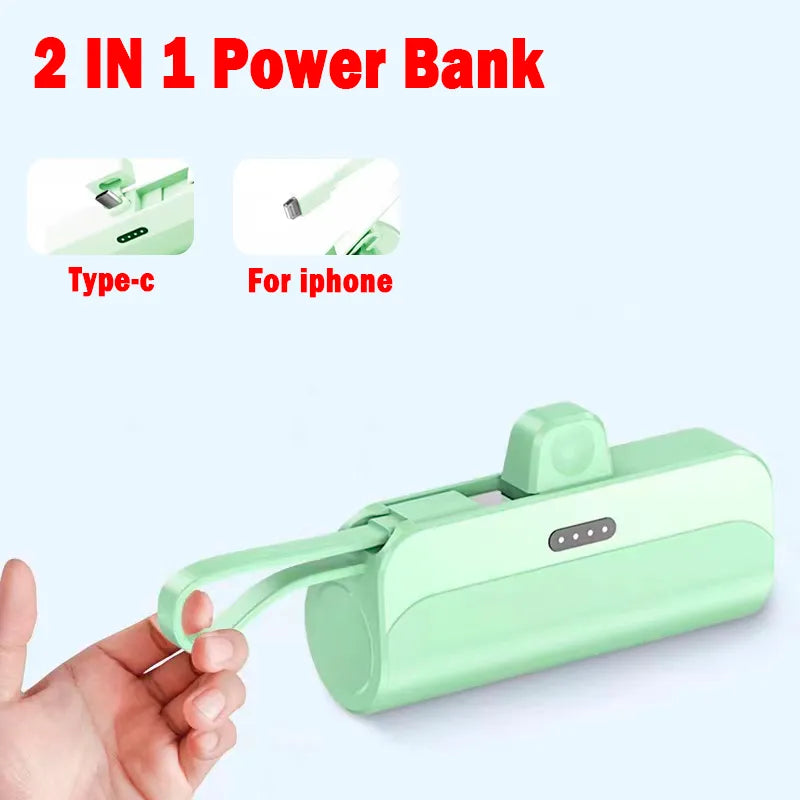 2-in-1 Portable Green Power Bank: 10000mAh and 5000mAh, Type-C Fast Charger and Lightning Usb Port